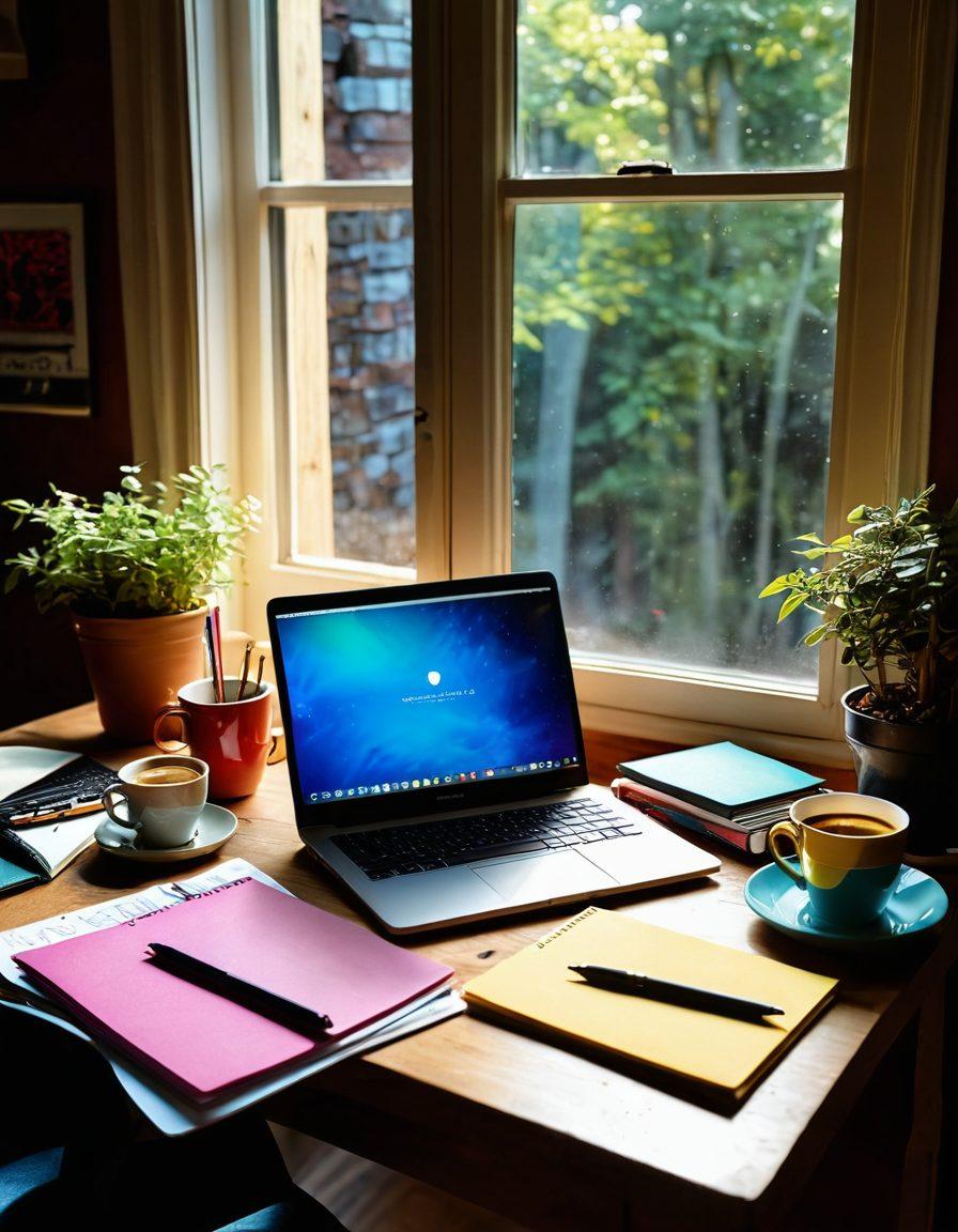 A vibrant workspace filled with colorful notebooks and pens scattered around, a steaming cup of coffee beside an open laptop displaying a blank document. A large window shows a sunbeam illuminating the room, and inspiration quotes are pinned on a corkboard. The scene embodies creativity and personal engagement. super-realistic. vibrant colors. warm lighting.