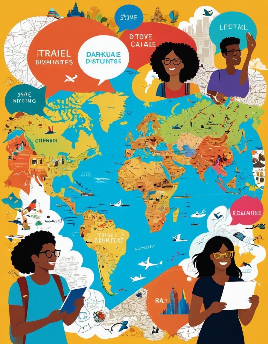 A lively digital collage showcasing diverse people sharing lifestyle tips, traveling together, and engaging in creative activities in an online community setting. The background features a vibrant world map with markers for different travel destinations, while various speech bubbles illustrate tips and stories. Incorporate bright colors and a dynamic, inviting atmosphere. vector art. vibrant colors. playful design.