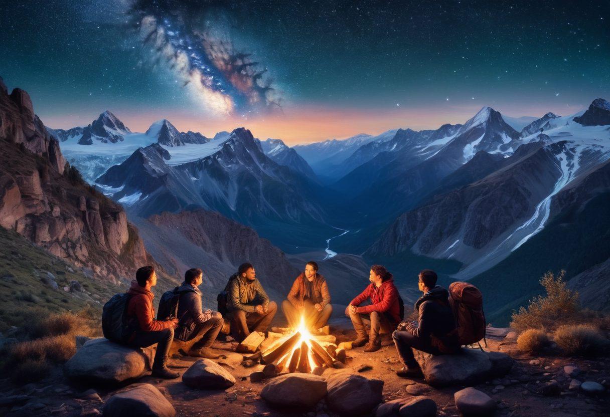 A stunning collage depicting a diverse group of travelers sharing their stories around a campfire, set against a backdrop of mountains and starry skies. Include elements of adventure like backpacks, maps, and exotic landmarks in the background. The scene should evoke a sense of camaraderie, exploration, and the thrill of discovery. Emphasize warm, inviting colors to enhance the atmosphere of friendship and wanderlust. super-realistic. vibrant colors. night sky.